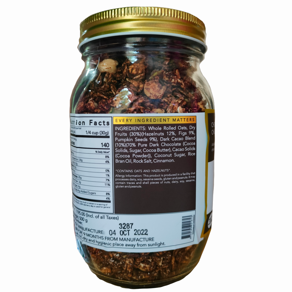 Granola | Chocohazelnut Chuckwagon Granola (40% Dry Fruits + Pure Dark Chocolate) - Vegan, Gluten Free - The Nibble Box - 500gm