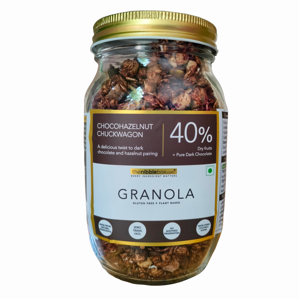 Granola | Chocohazelnut Chuckwagon Granola (40% Dry Fruits + Pure Dark Chocolate) - Vegan, Gluten Free - The Nibble Box - 500gm