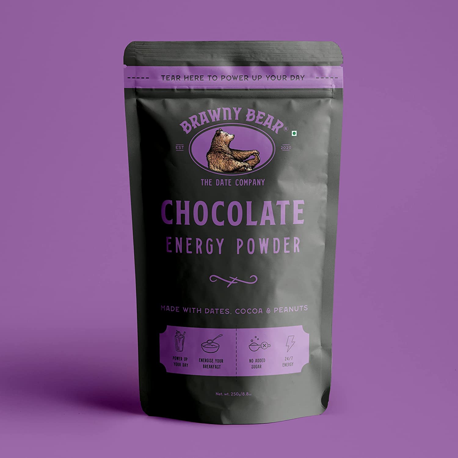 Chocolate Energy Powder Made With Dates, Whey & Cocoa - Vegan, No Added Sugar, High Fibre & Rich In Iron - Brawny Bear - 250gm