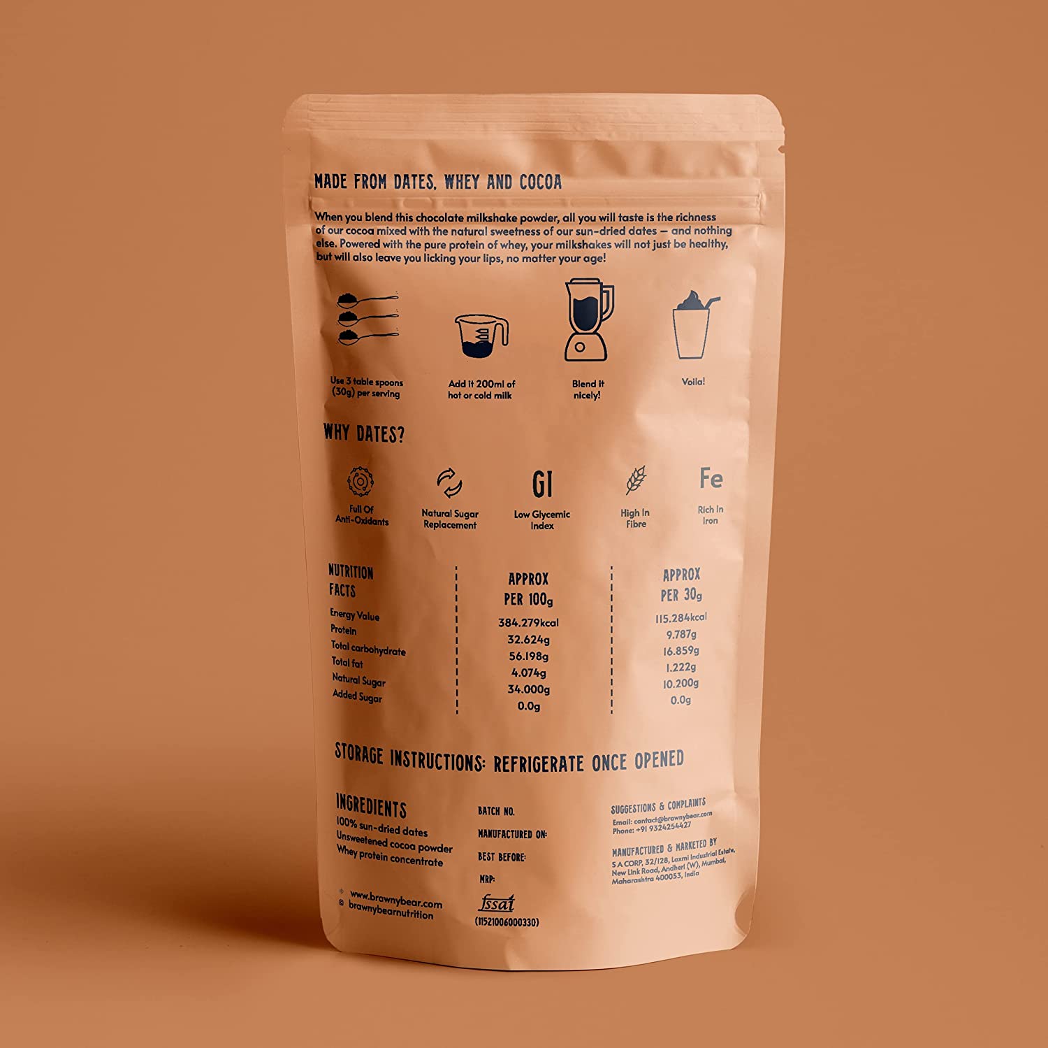 Chocolate Milkshake Mix Made From Dates, Whey & Cocoa - No Added Sugar, High Fibre & Rich In Iron - Brawny Bear - 250gm