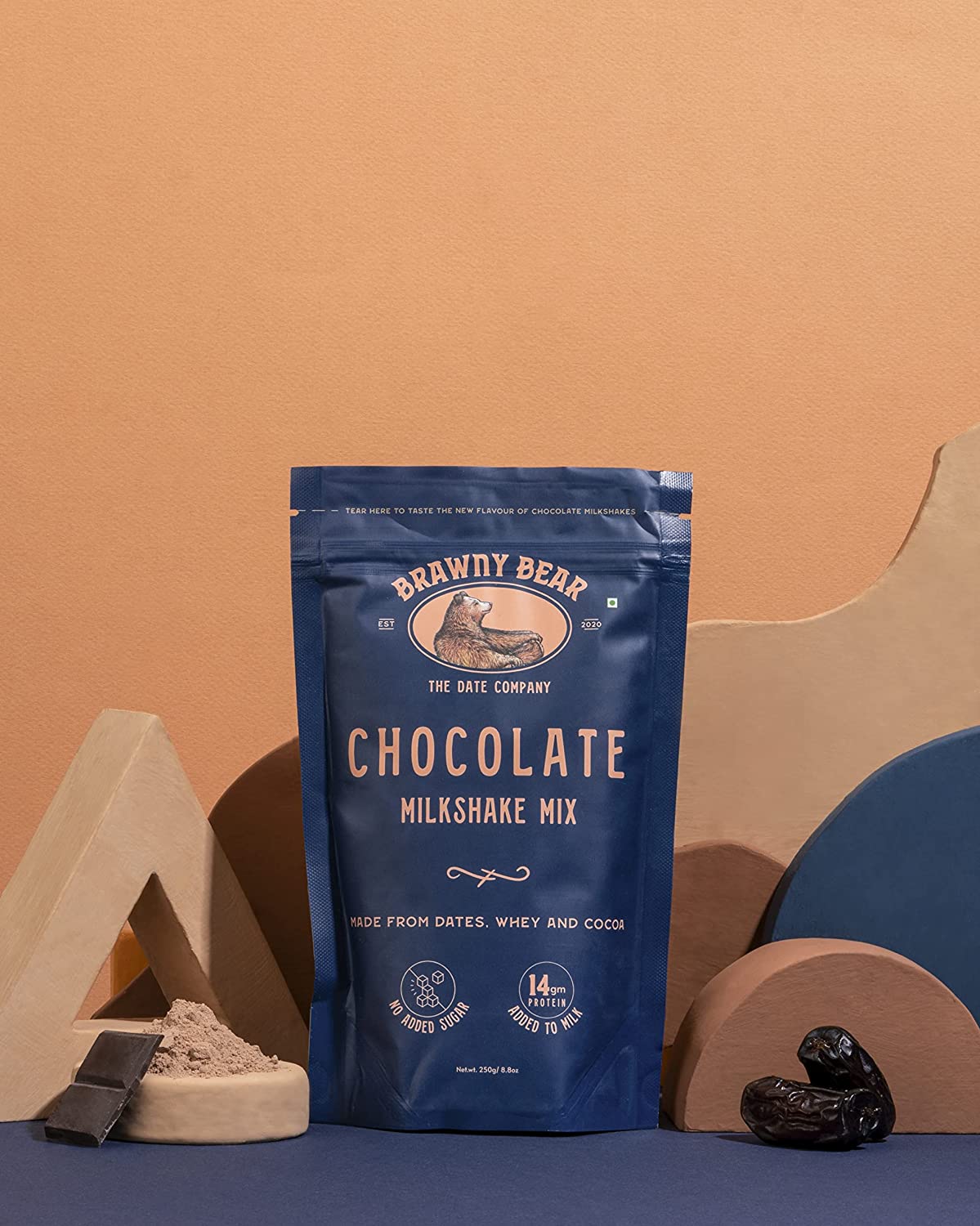 Chocolate Milkshake Mix Made From Dates, Whey & Cocoa - No Added Sugar, High Fibre & Rich In Iron - Brawny Bear - 250gm
