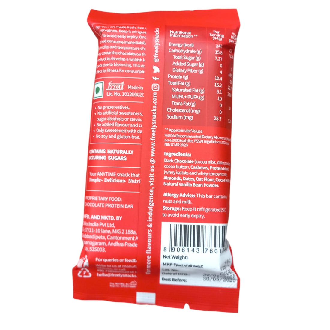 Chocolate Bar | Cookie Dough Delight (Protein Bar) – 10g Protein – Real Chocolate – No Added Artificial Preservatives & No Added Sugar – Freely – 42gm