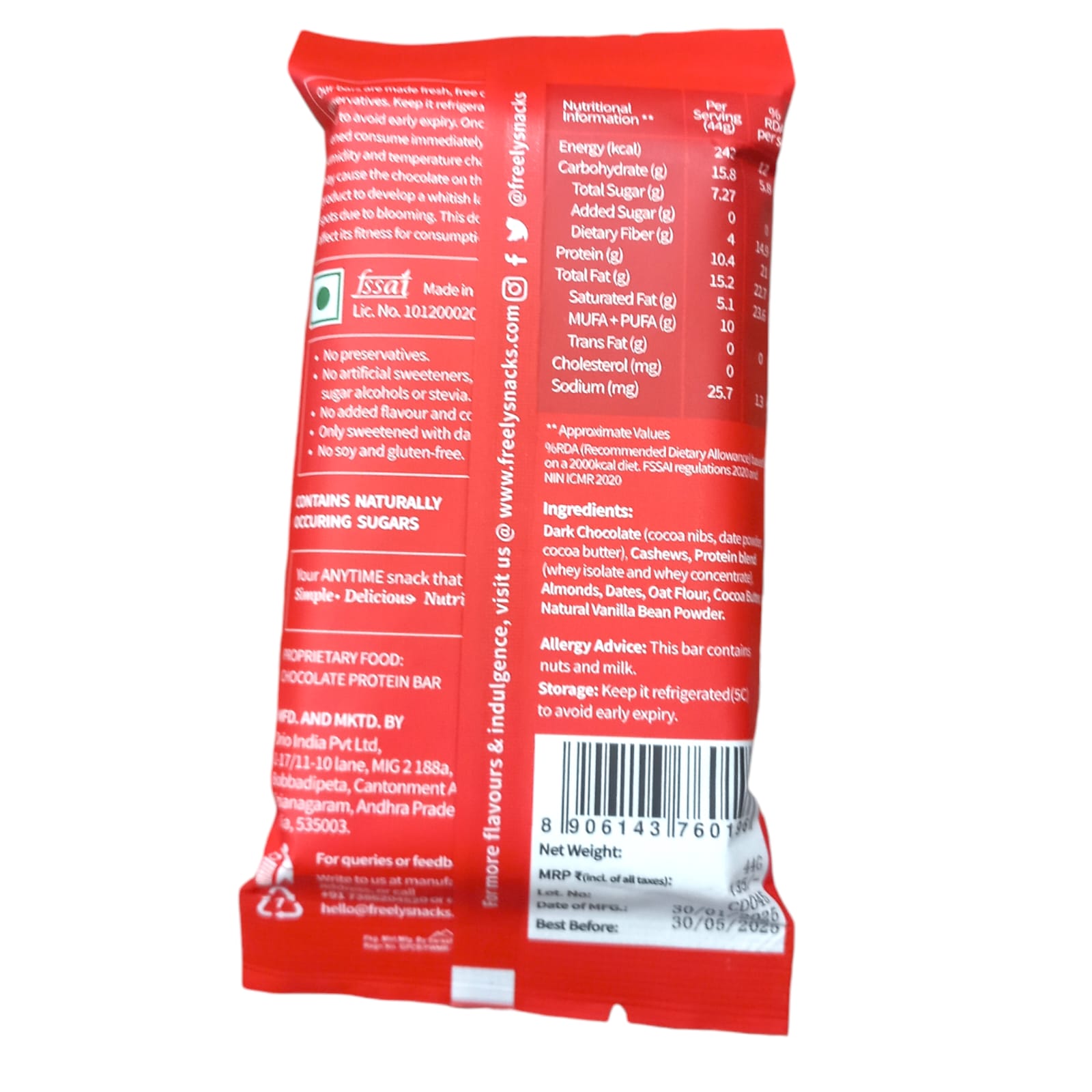 Chocolate Bar | Cookie Dough Delight (Protein Bar) – 10g Protein – Real Chocolate – No Added Artificial Preservatives & No Added Sugar – Freely – 42gm