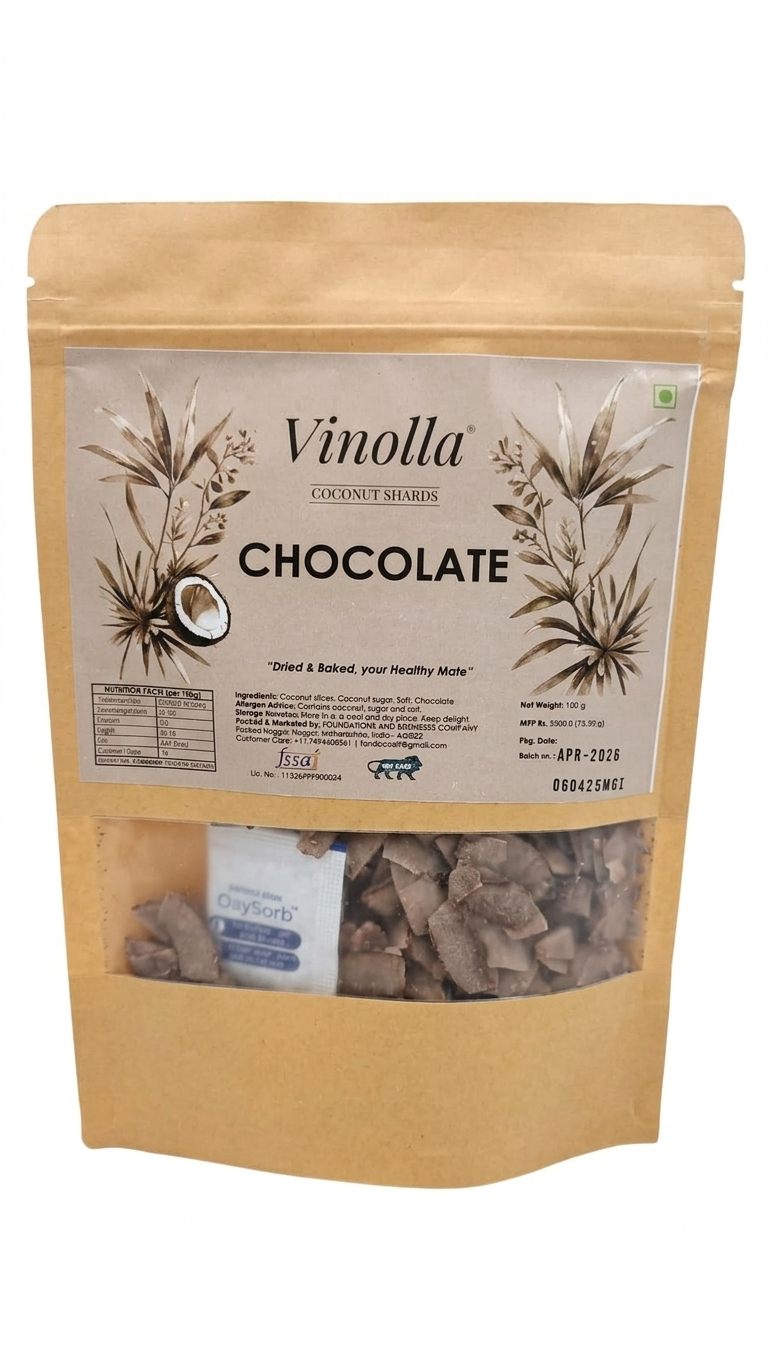 Coconut Chips | Chocolate Coconut Chips - Dried & Baked - Natural - No Preservatives -Vinolla - 100gm