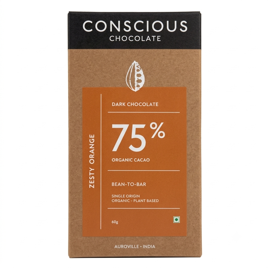 75% Zesty Orange Dark Chocolate Bar - Vegan & Gluten Free - Conscious Living - 60gm