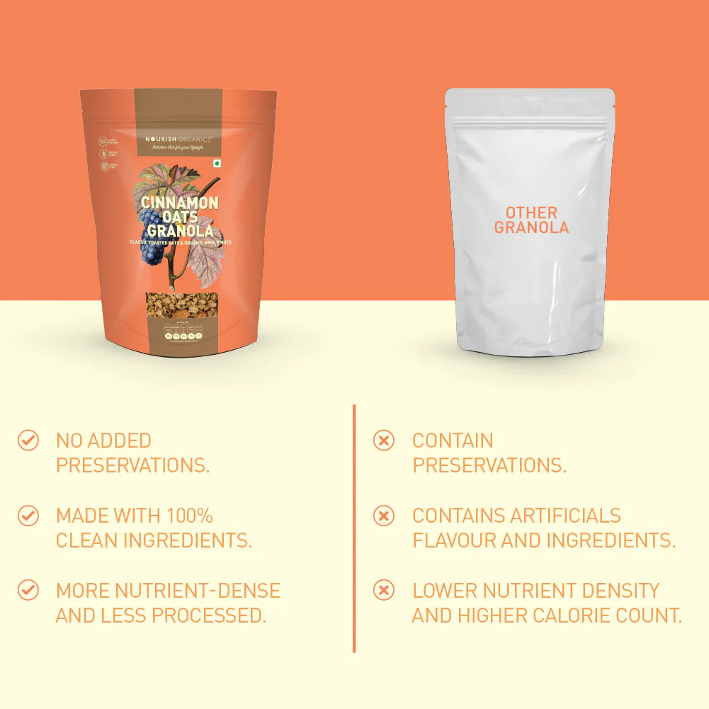 Oats Cinnamon Granola - High Protein, Rich In Fiber, Wheat Free, Fat Free & Lactose Free - Nourish Organics - 300gm
