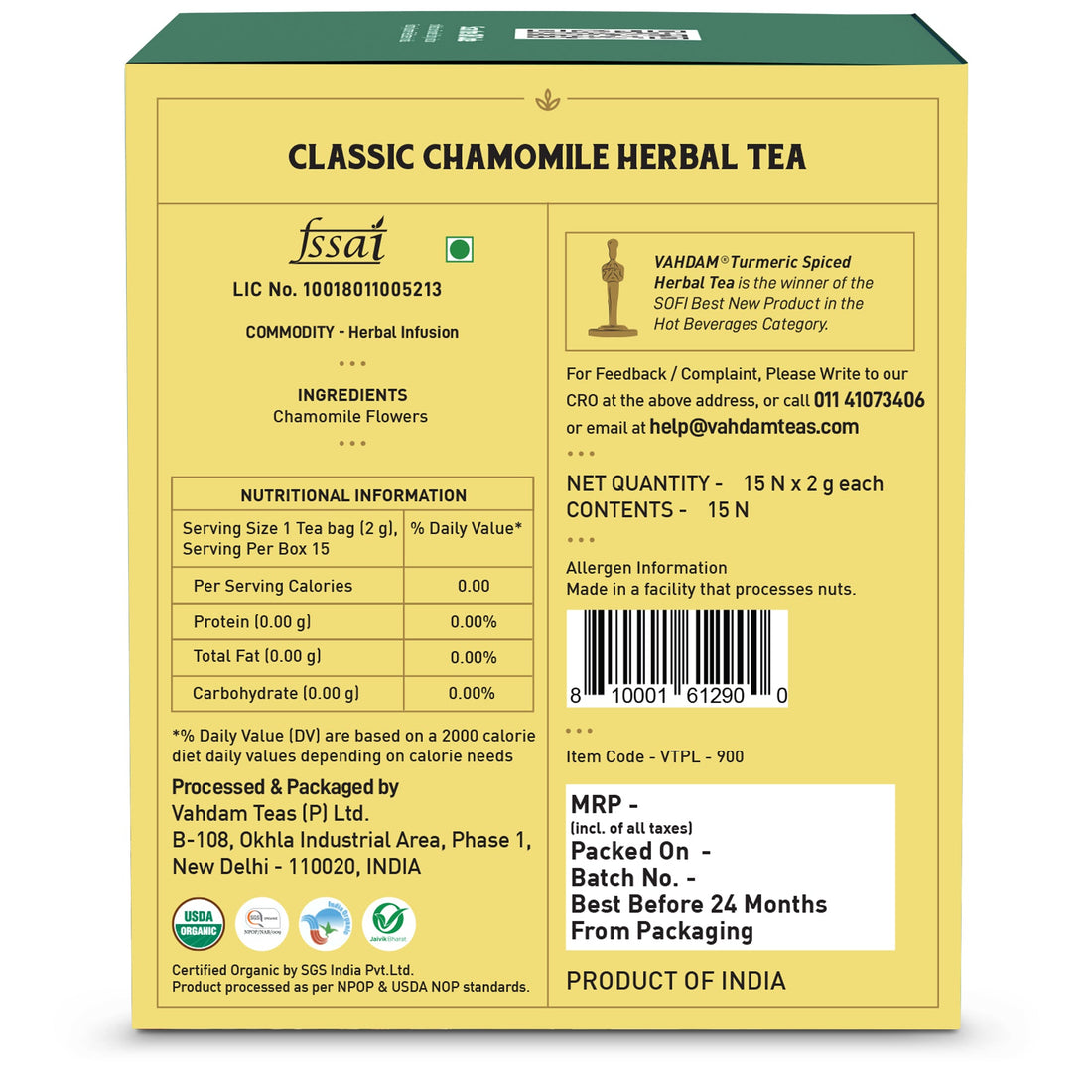 Classic Chamomile Herbal Tea – Vahdam – 15Tea Bags