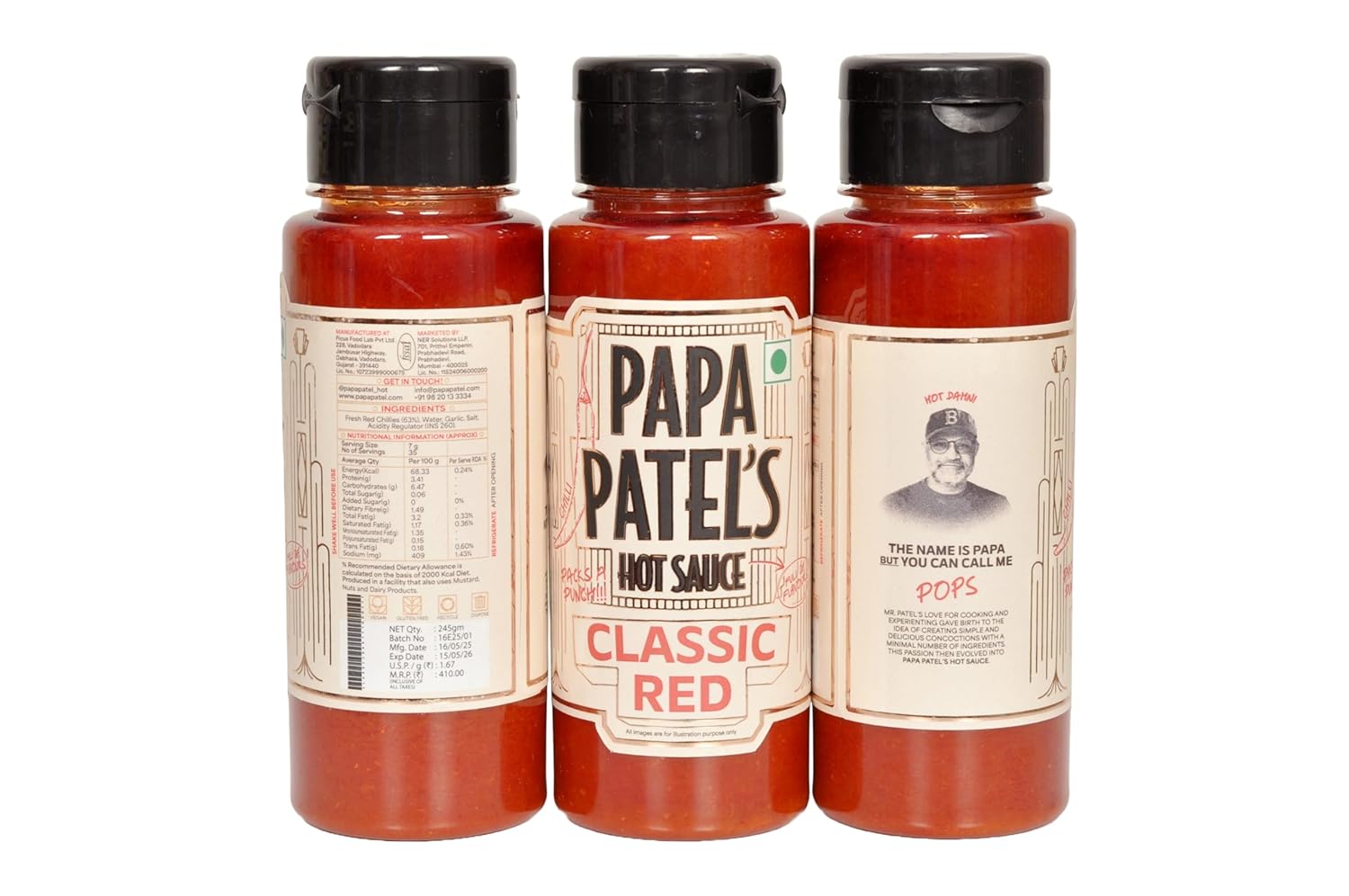 Hot Sauce | Classic Red Hot Sauce - No Added Flavours, Colours & Preservatives Free - Papa Patel - 250gm