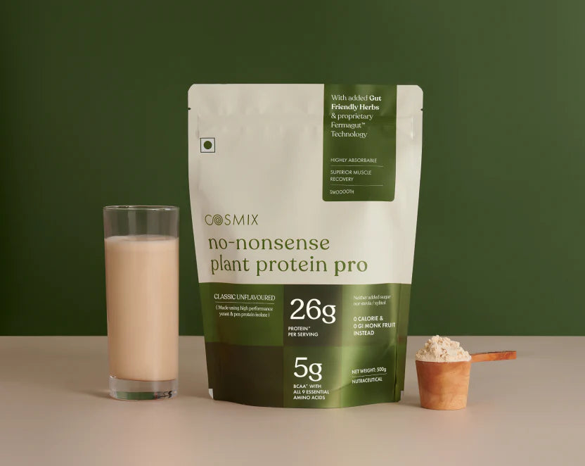 Protein Powder | Classic Unflavoured Pro - 26gm Protein Per Serving - Vegan, Gluten Free, Soy Free, No Trans Fat, No Added Sugar, Gums, Enzymes & No Added Artificial Flavours - Cosmix - 500gm