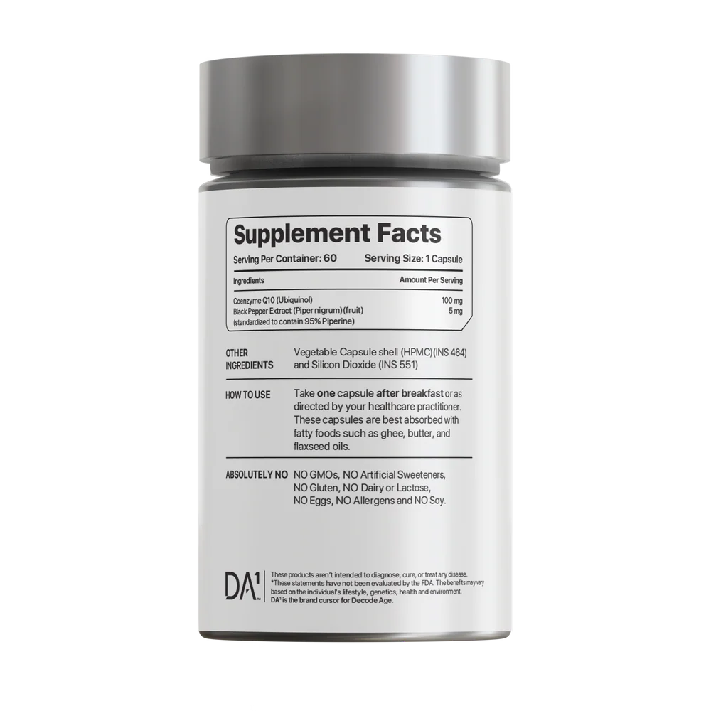 CoQ10 | Coenzyme Q10 (Ubiquinol) - Support Energy, Heart & Mitochondrial Health - Vegan, Gluten Free, Soy Free, Sugar Free, Non GMO & No Artificial Sweeteners - Decode Age - 60 Capsules