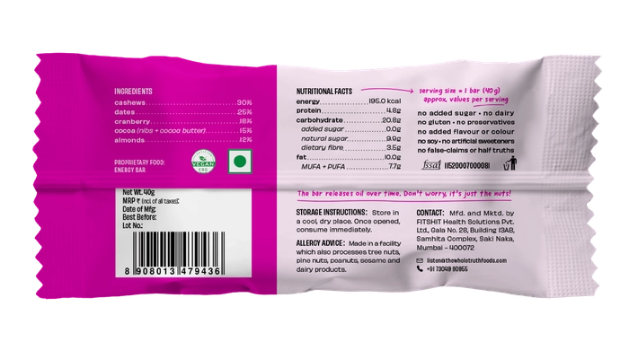 Cocoa Cranberry Bar - Vegan, Gluten Free, Vegan, Gluten-Free, Dairy Free & No Added Sugar – The Whole Truth – 40gm