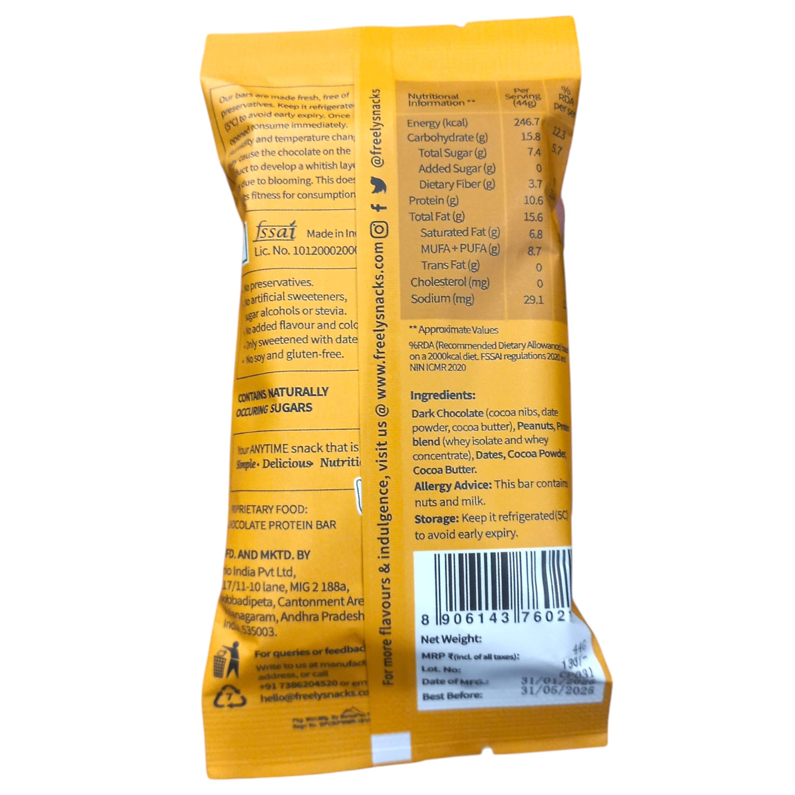 Chocolate Bar | Cocoa Peanut Pleasure (Protein Bar) – 10g Protein – Real Chocolate – No Added Artificial Preservatives & No Added Sugar – Freely – 44gm