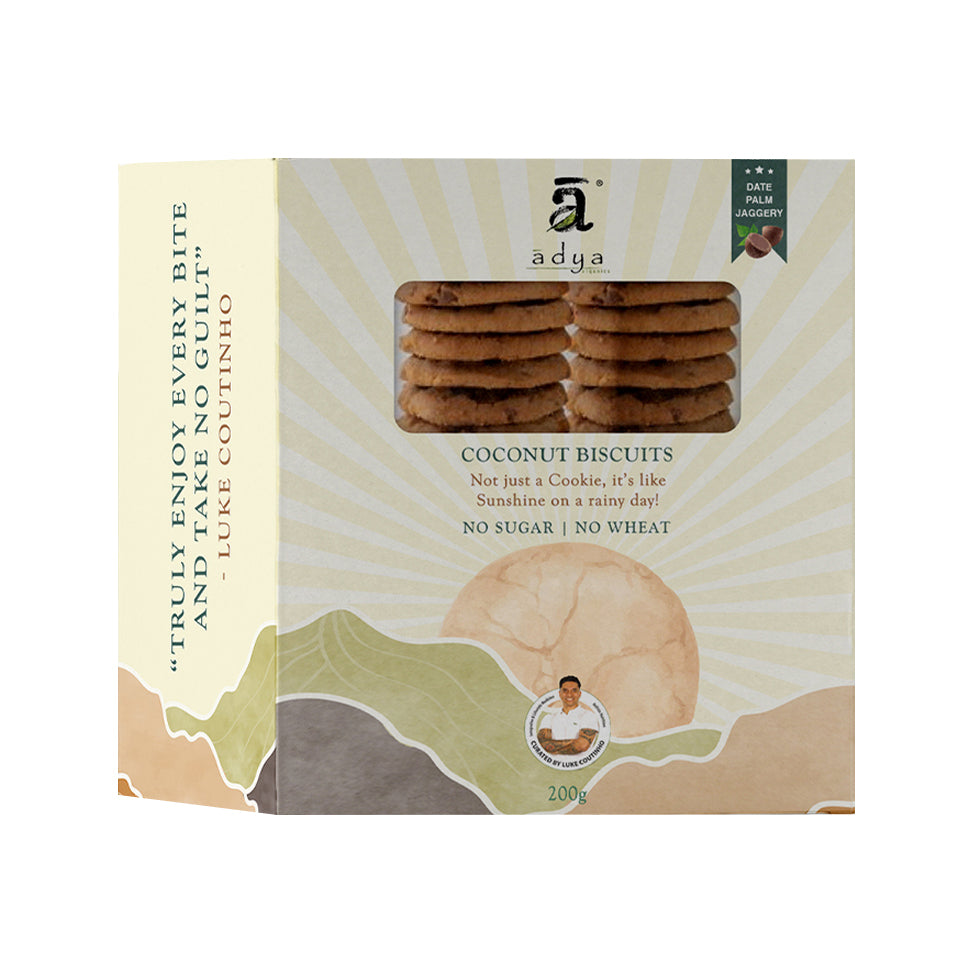 Coconut Biscuits | Organic - Sugar Free, Wheat Free, No Artificial Flavours & No Preservatives Added - Adya Organics - 400gm