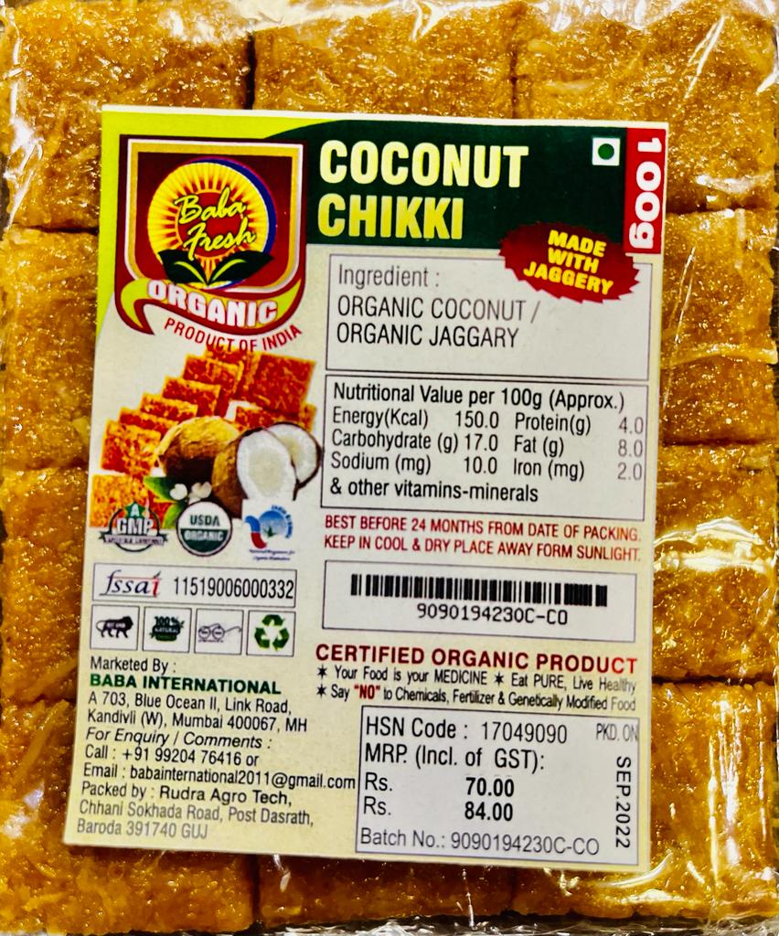 Coconut Chikki | (Made With Jaggery) - Organic - Baba Fresh - 100gm
