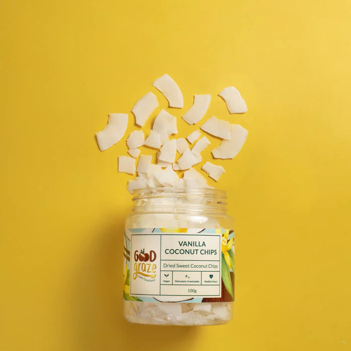 Coconut Chips | Vanilla (Dried Sweet) - Not Fried - Natural - Vegan, Gluten Free & No Preservatives - Good Graze - 100gm