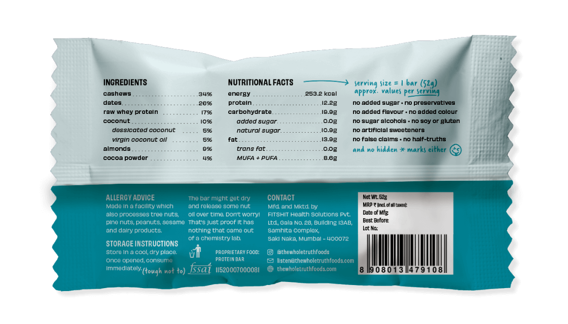 Coconut Cocoa Bar – Gluten Free, No Added Sugar & No Soy - The Whole Truth – 52gm
