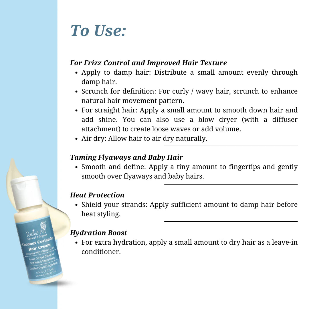 Hair Cream | Coconut Coriander Hair Cream (With Vitamin C & E) - Leave On Hair Cream For Soft Hand & Nourishment - Rustic Art - 50ml