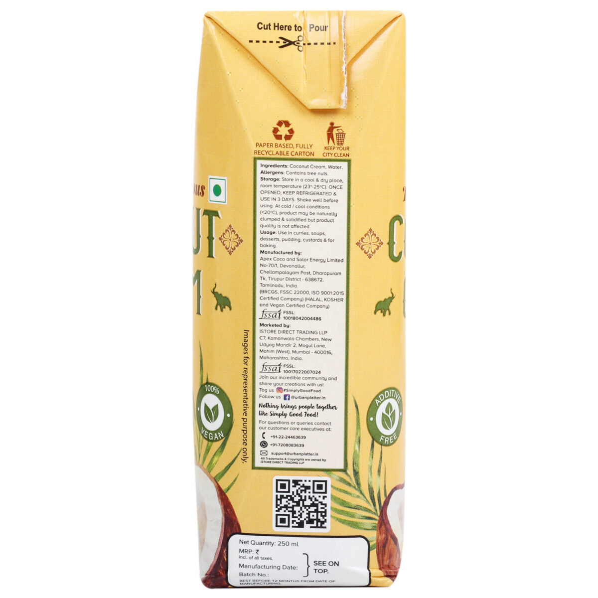 Unsweetened Coconut Cream - Vegan - Urban Platter - 250ml