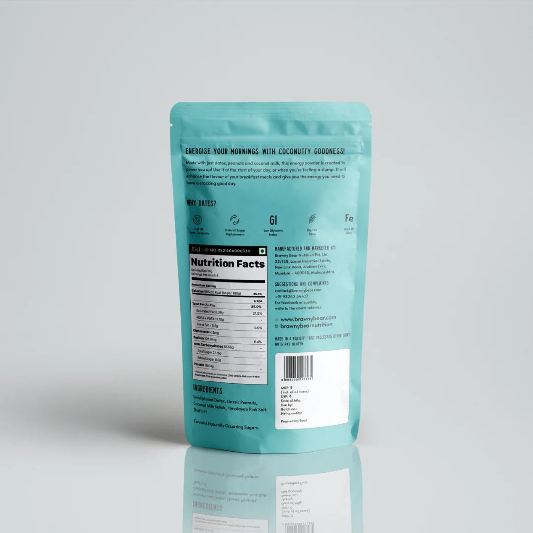 Energy Powder | Coconut (Made With Dates, Coconut & Peanuts) - Vegan, No Preservatives & No Added Sugar - Brawny Bear - 250gm
