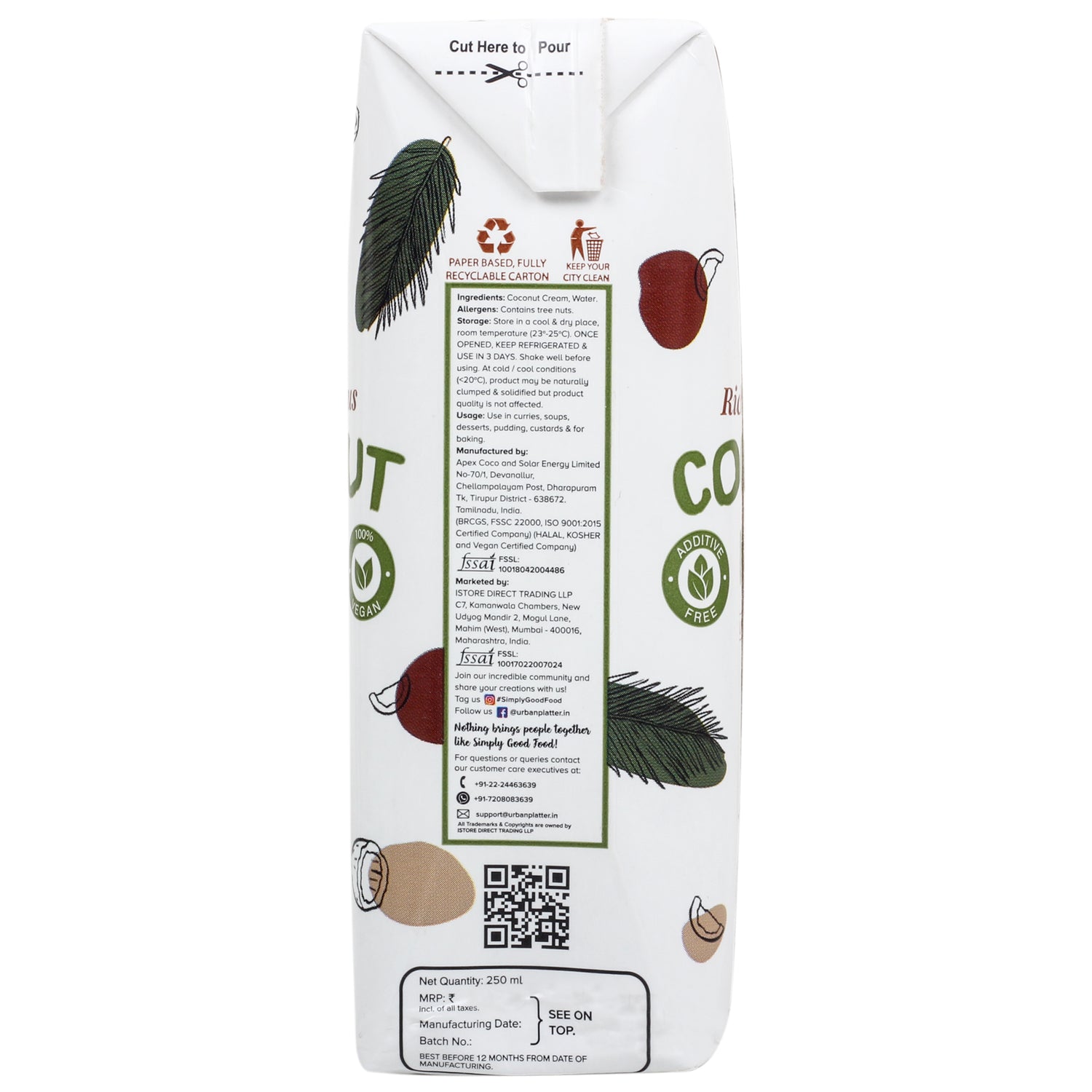 Coconut Milk | Unsweetened - Vegan - Urban Platter – 250ml