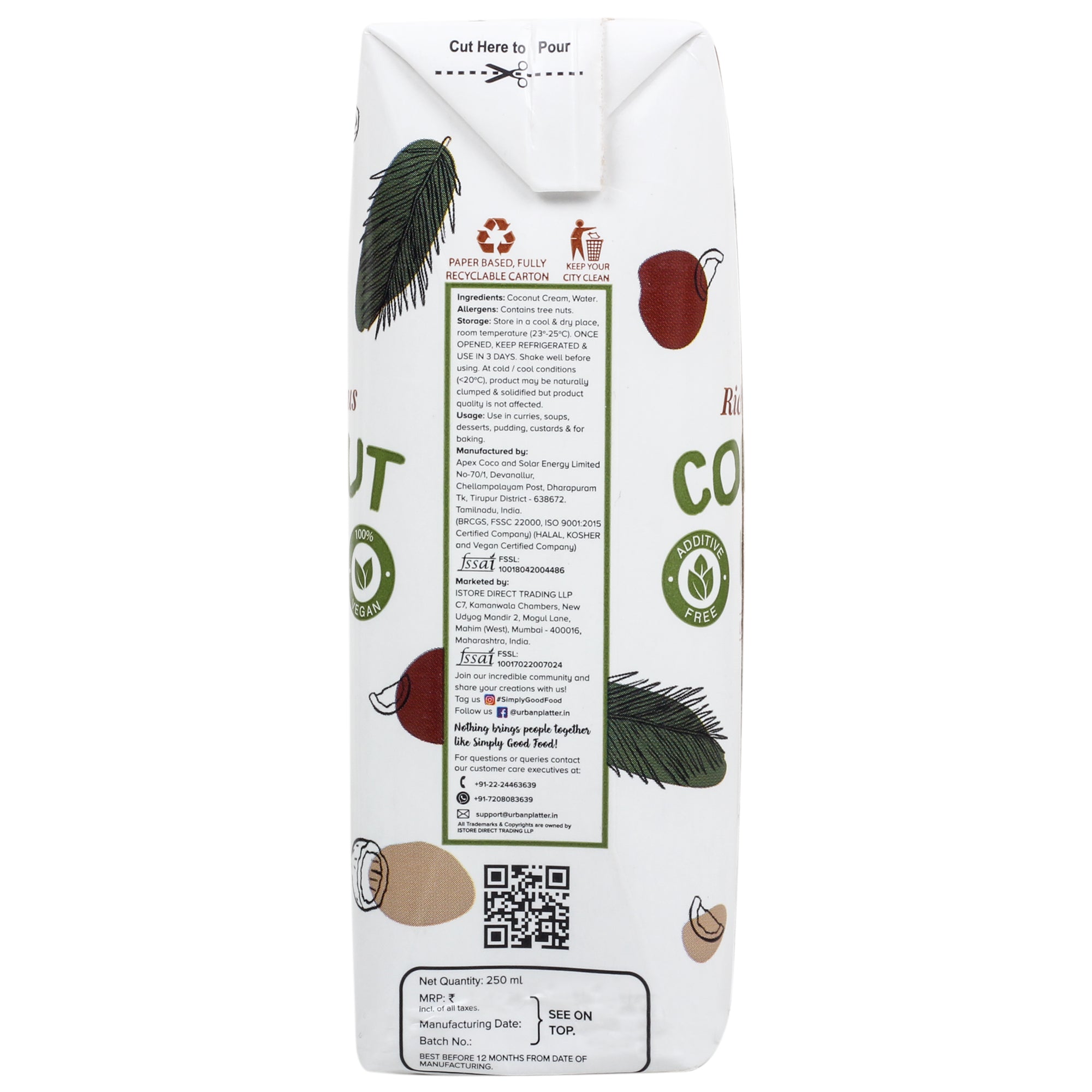 Coconut Milk | Unsweetened - Vegan - Urban Platter – 250ml