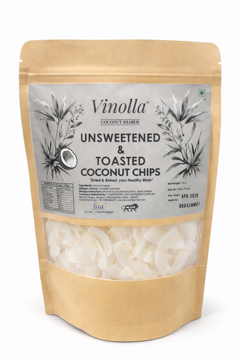 Chips | Toasted Coconut Chips ( Unsweetened) -Dried & Baked - Natural - No Preservatives -Vinolla - 100gm