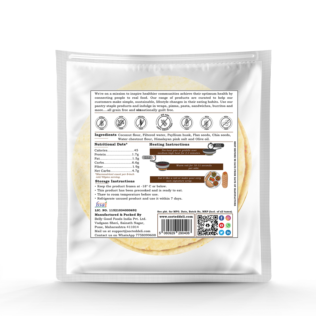 Tortilla | Coconut Roti - Wrap – Vegan, Gluten Free, No Maida, Keto Friendly, Diabetic Friendly & No Additives – Get Sorted – Pack Of 5