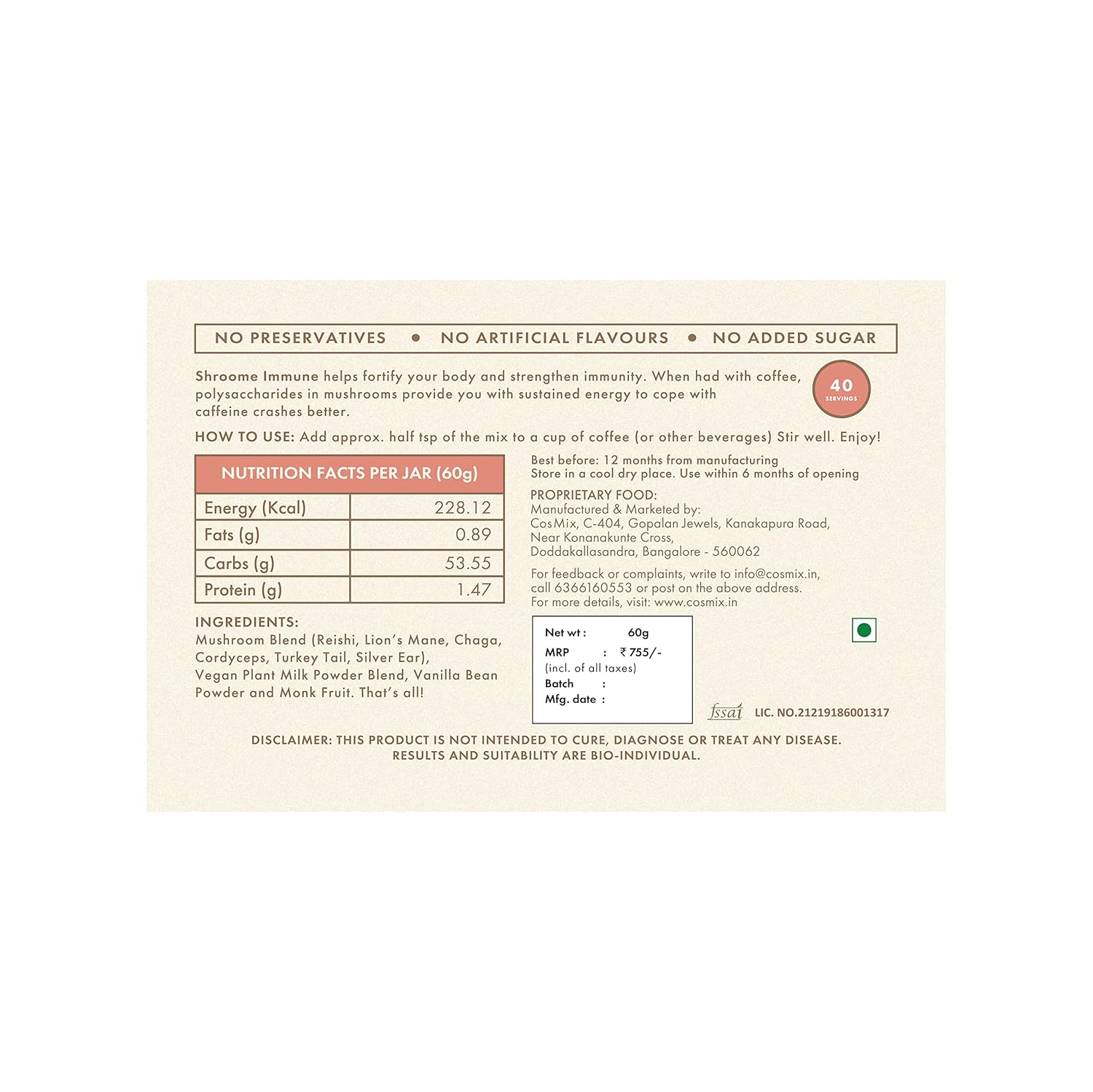 Coffee Booster | Shroom Immune (Kerala Vanilla) - No Added Preservatives, No Added Artificial Flavours & No Added Colour - Cosmix - 60gm