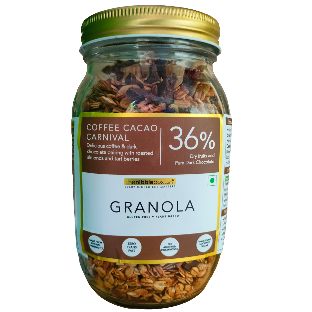 Granola | Coffee Cacao Carnival (Made Using Coconut Sugar) - 36% Dry Fruits – Vegan, Gluten Free, Zero Trans Fat, No Additives & Preservatives – The Nibble Box – 500gm
