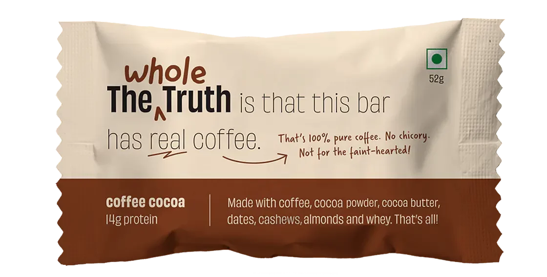Coffee Cocoa Bar | (Made With Coffee, Cocoa Powder, Cocoa Butter, Dates, Cashew, Almond & Whey) - 14gm Protein - Gluten Free, No Added Sugar, No added Flavor & No Preservatives - The Whole Truth - 52gm