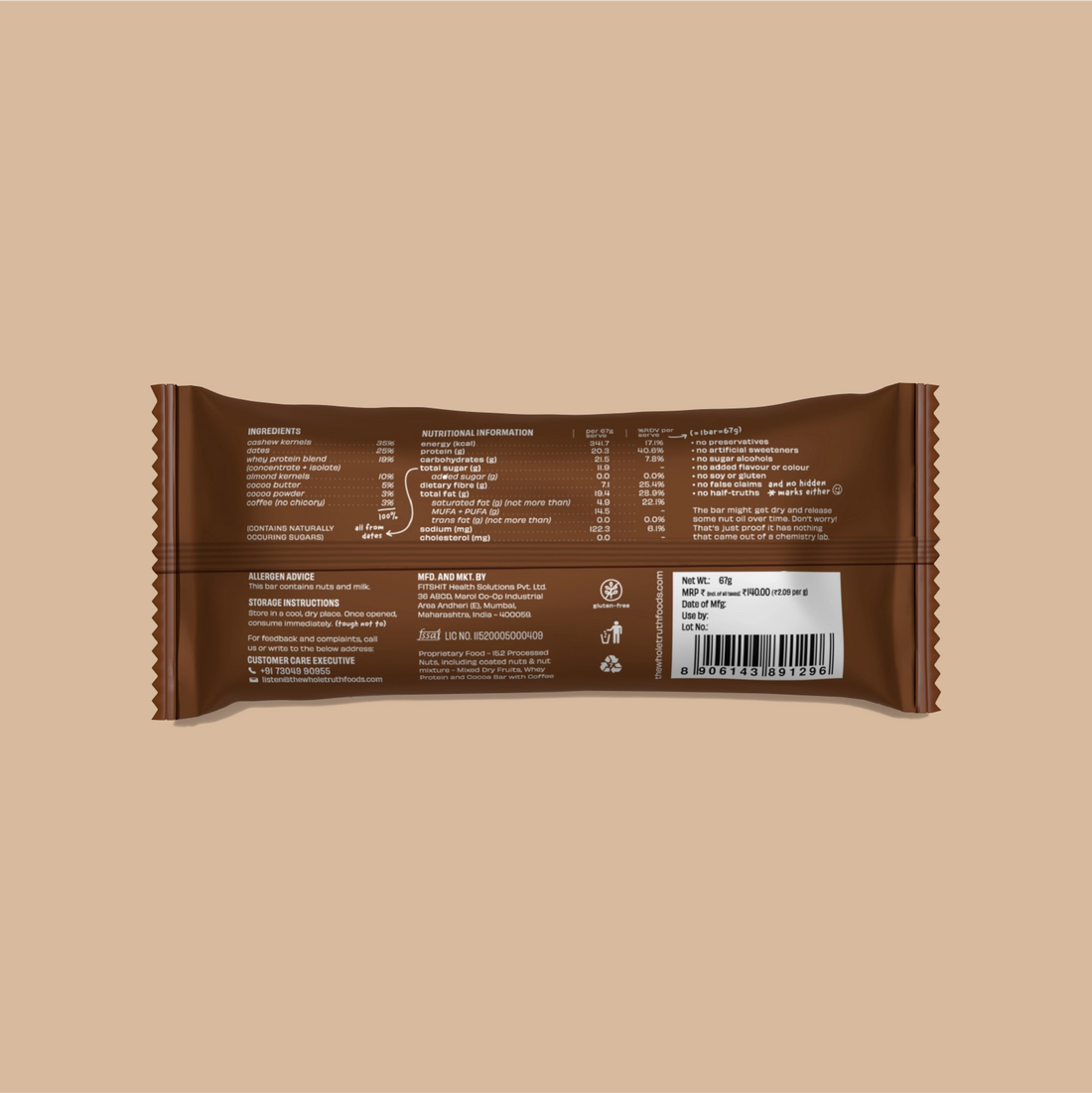 Coffee Cocoa Bar | (Made With Coffee, Cocoa Powder, Cocoa Butter, Dates, Cashew, Almonds And Whey) – No Added Sugar & No Added Preservatives – The Whole Truth – 67gm