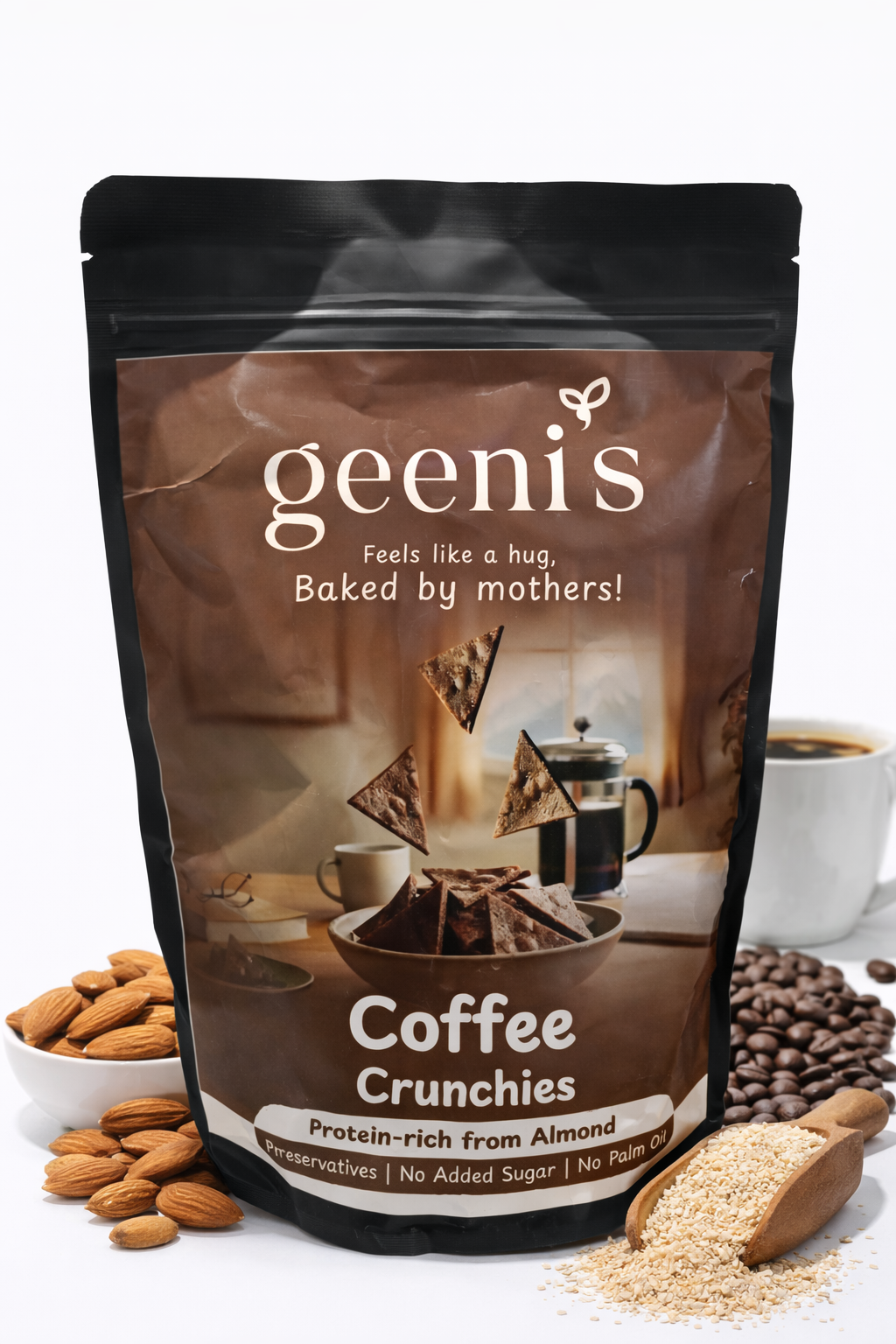Coffee Crunchies | Made Using Only Millets, Monk Fruit, Olive Oil, Almonds, Coffee - Oven Baked - Vegan, Gluten Free, No Added Sugar, Mess Free, No Preservatives, Additives & No Added Artificial Ingredients - Geenis - 200gm