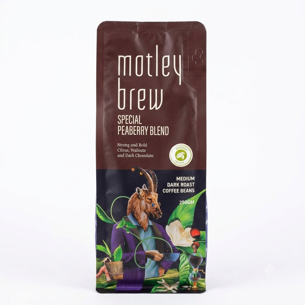 Coffee | Special Peaberry Blend (Espresso) - Strong and Bold Citrus, Walnuts and Dark Chocolate- Medium Dark Roast Coffee - Ethically Sourced ,Shaded Grown- Motley Brew– 250gm