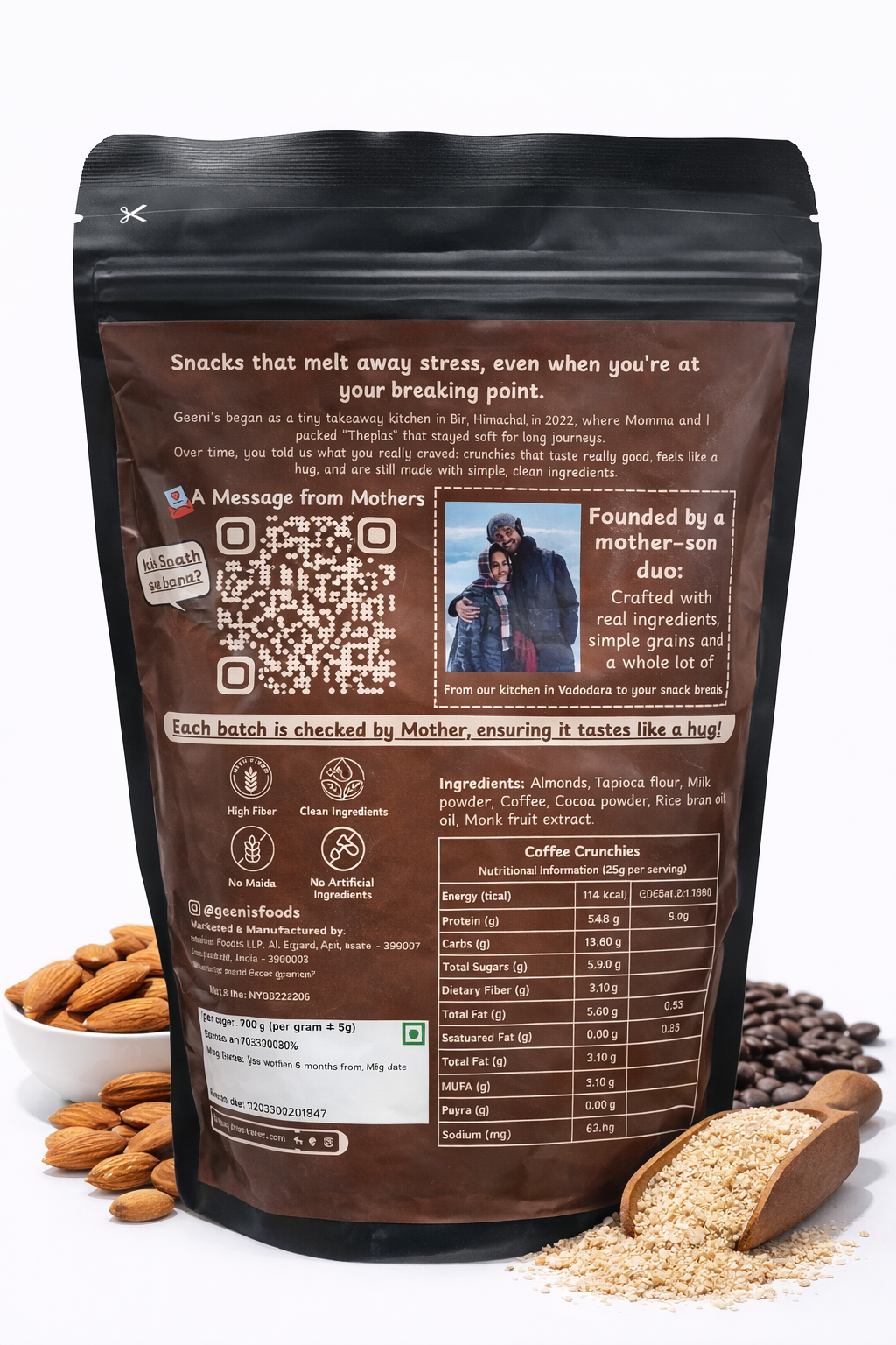Coffee Crunchies | Made Using Only Millets, Monk Fruit, Olive Oil, Almonds, Coffee - Oven Baked - Vegan, Gluten Free, No Added Sugar, Mess Free, No Preservatives, Additives & No Added Artificial Ingredients - Geenis - 200gm