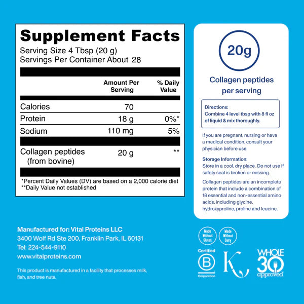 Collagen | Collagen Peptides (Unflavored) 20gm Collagen Peptides Per Serving - Grass Fed + Pasture Raised - For Skin, Hair, Nail + Joint Support - Gluten Free, Dairy Free & Paleo Friendly - Vital Proteins - 567gm