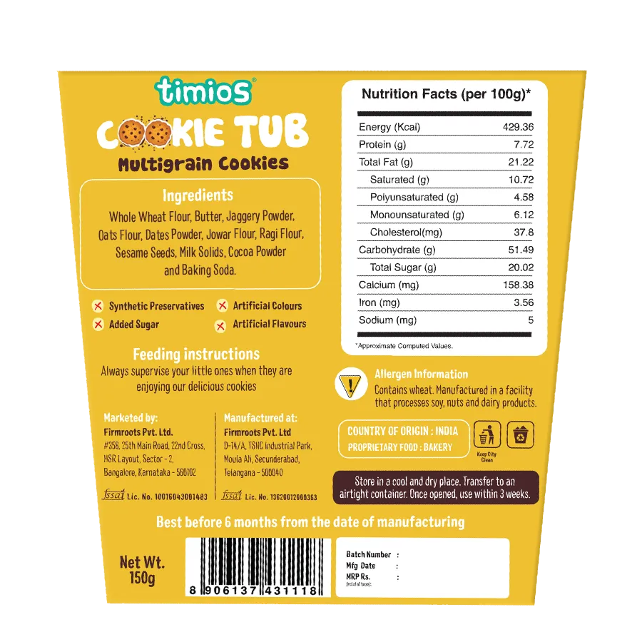 Cookies | Multigrain (Cookie Tub) - Made With Organic Jaggery – No Maida, No Added Sugar, Rich In Protein, Calcium & Iron - Timios - 150gm