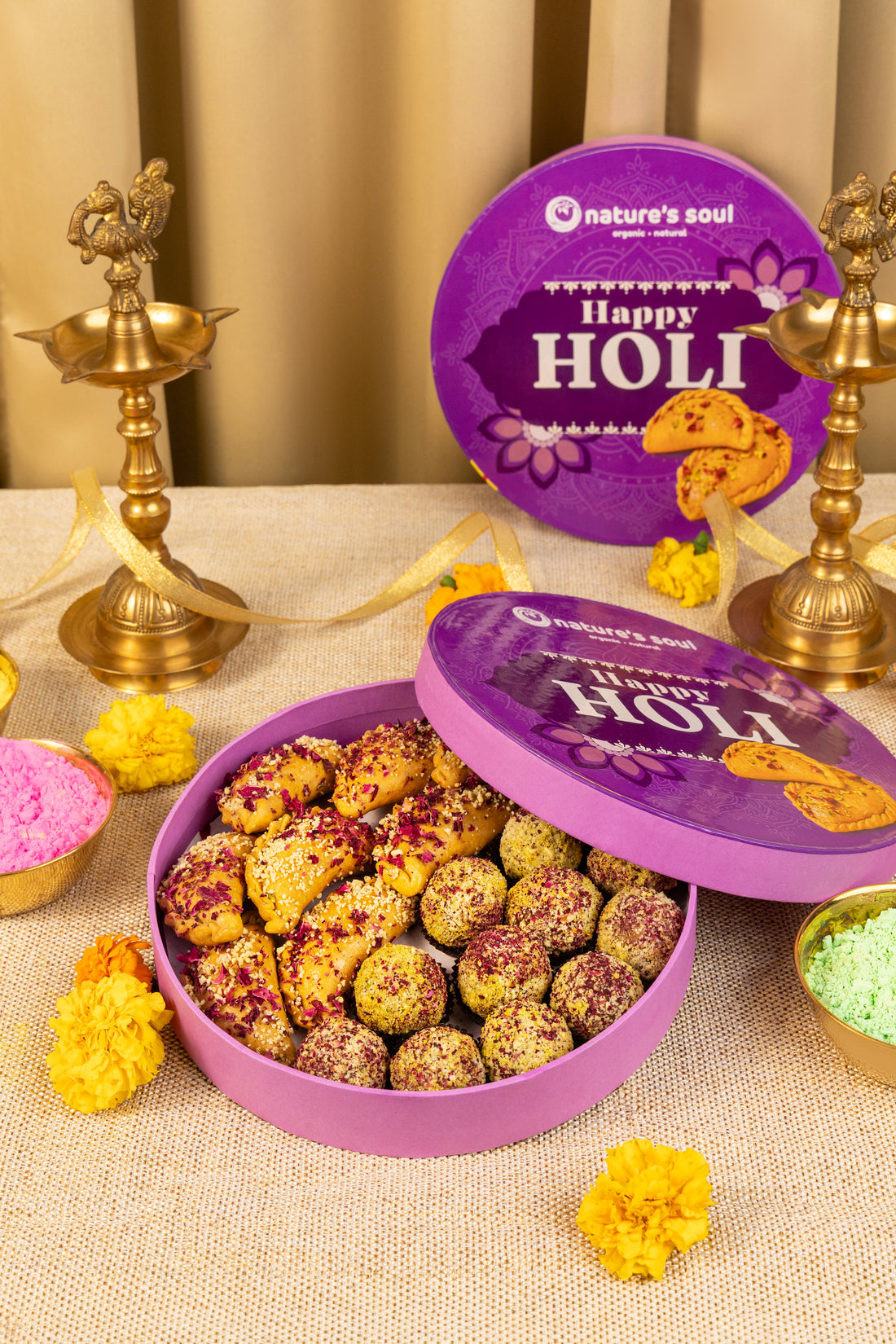 Natkhat Ladoo Holi Box - Vegan, Gluten Free & Refined Sugar Free - Mix of 8 Pieces of Baked Gujiya & 12 to 15 Laddoos