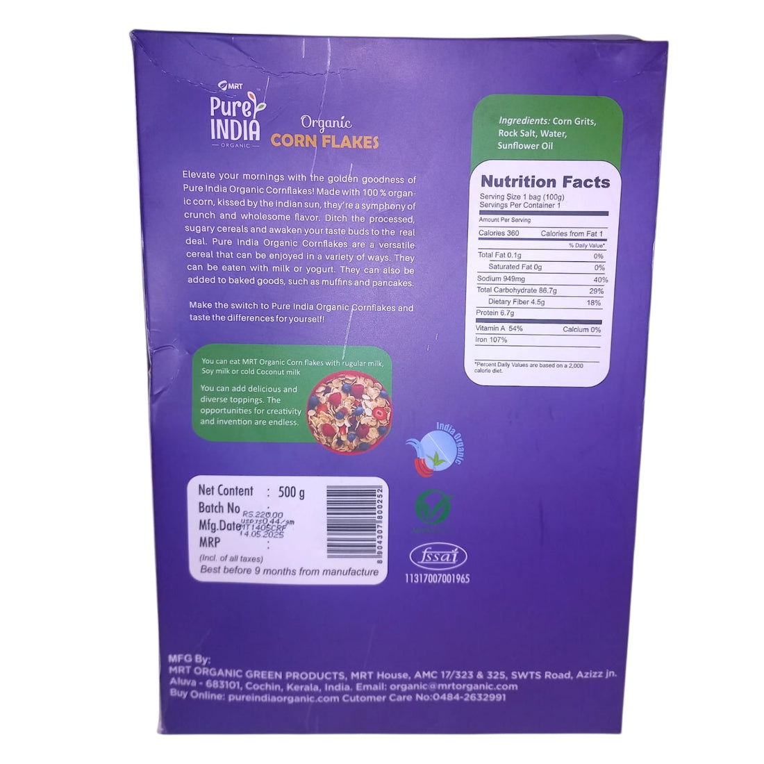 Corn Flakes – Low In Sugar & High In Fiber - MRT Organics – 500gm