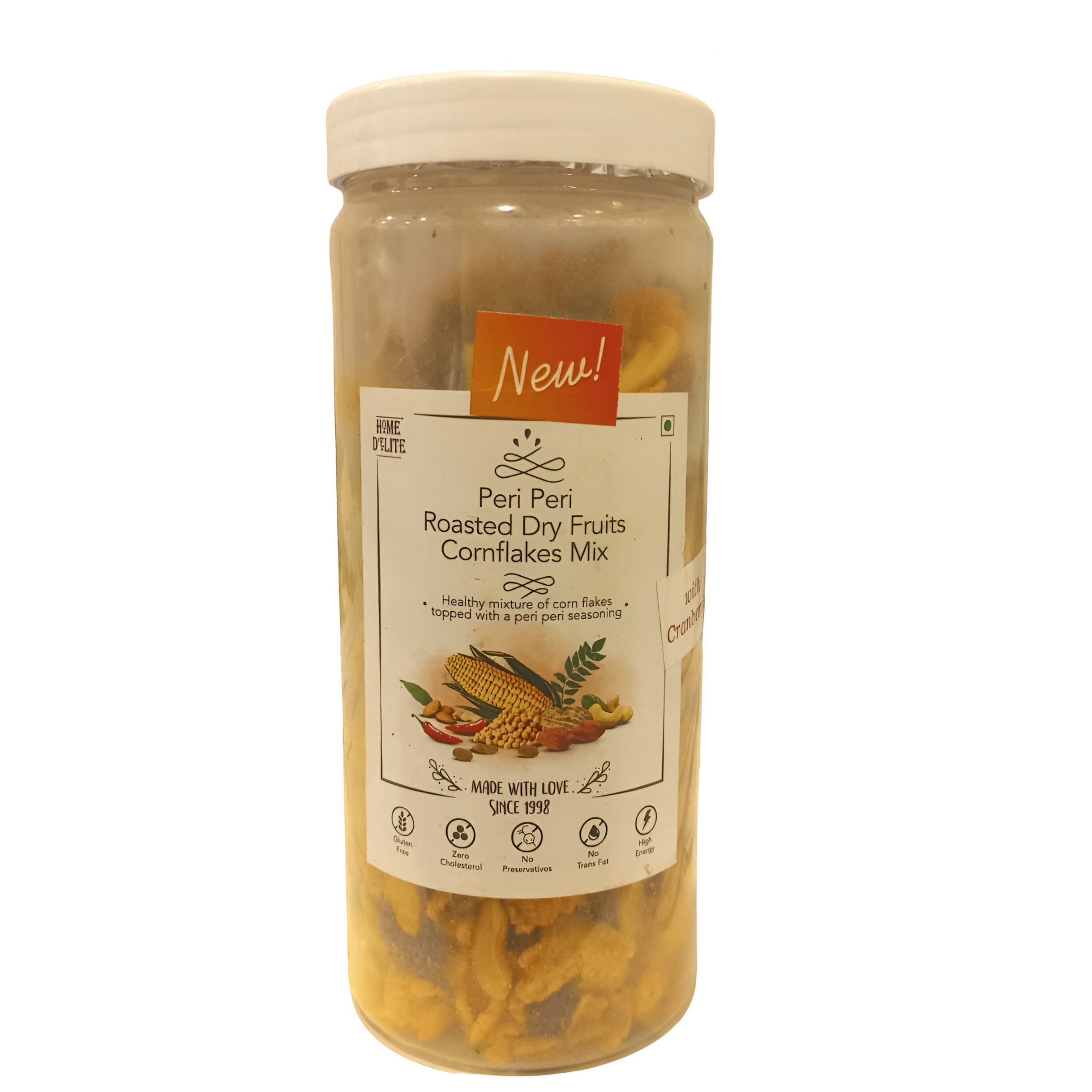 Cornflakes Mix | Peri Peri Roasted Dry Fruits Cornflakes Mix – Healthy Mixture Of Corn Flakes Topped With A Peri Peri Seasoning – Gluten Free, Cholesterol Free, No Added Preservatives & No Trans Fat – Home D’elite – 250gm