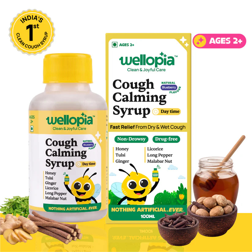 Syrup | Cough Calming Syrup Day Time (Ages 2+)- Blueberry Flavour -Made with honey, ginger, tulsi - No Artificial Preservatives-No Refined Sugar , Drug Free - Natural Flavoured - Wellopia - 100ml