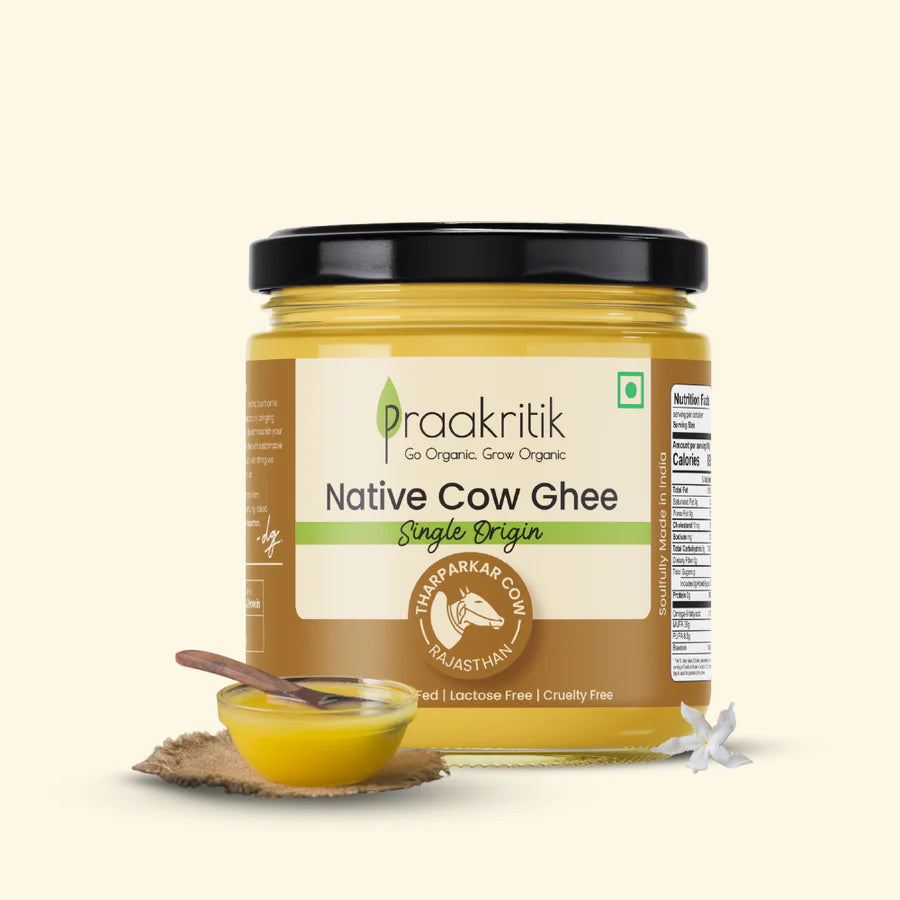 Ghee | Native Tharparkar Cow Ghee (Single Origin) - Tharparkar Cow (Rajasthan) - Organic Grass Fed, Lactose Free, Cruelty Free - Praakritik - 500ml