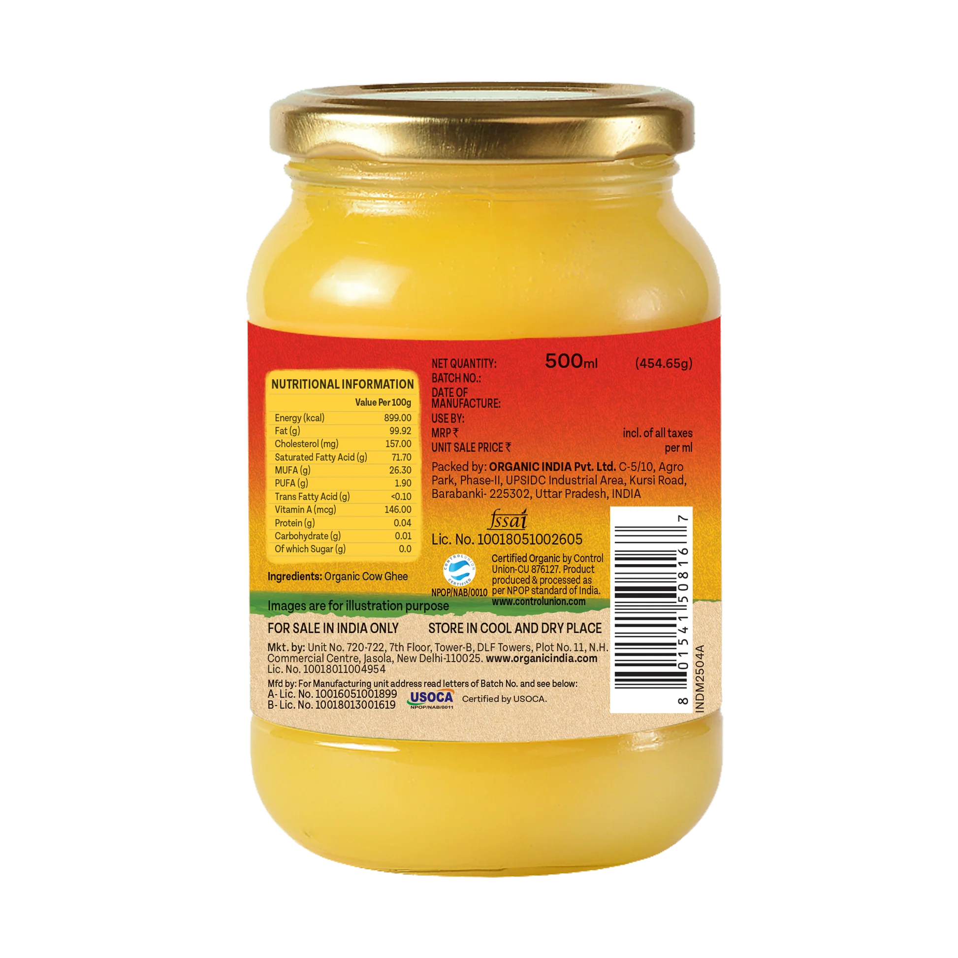 Ghee | Cow Ghee -100% Pure - Certified Organic- No Synthetic Additives or Harmones - Organic India - 1000ml