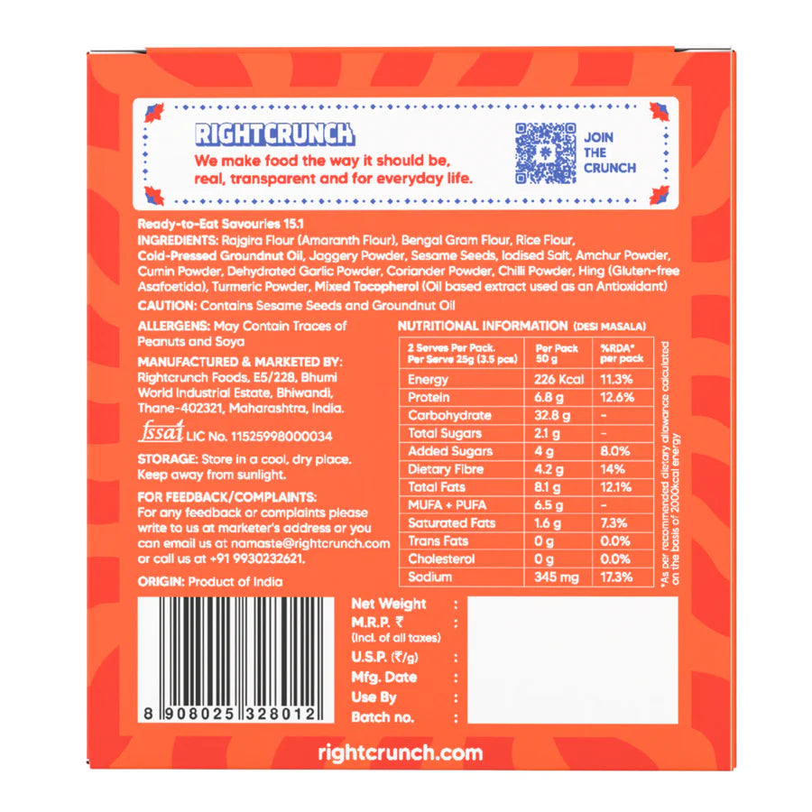 Cracker | Desi Masala Baked Thins - Gluten Free, Vegan-No Maida, No Palm Oil & No Artificial Ingredients- Right Crunch - 50gm