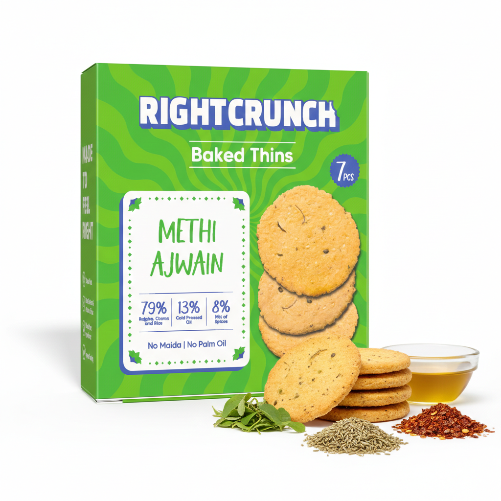 Cracker | Methi Ajwain Baked Thins - Gluten Free, Vegan-No Maida, No Palm Oil & No Artificial Ingredients- Right Crunch - 50gm