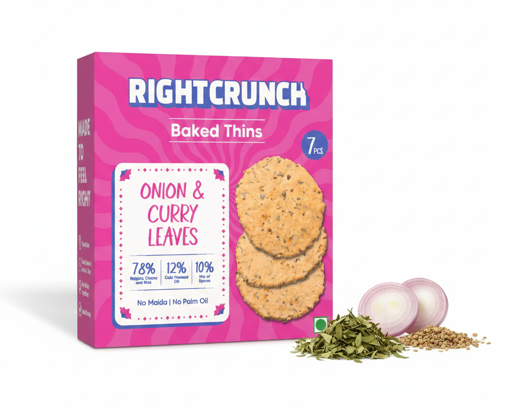Cracker| Onion & Curry Leaves Baked Thins - Gluten Free, Vegan-No Maida, No Palm Oil & No Artificial Ingredients- Right Crunch - 50gm