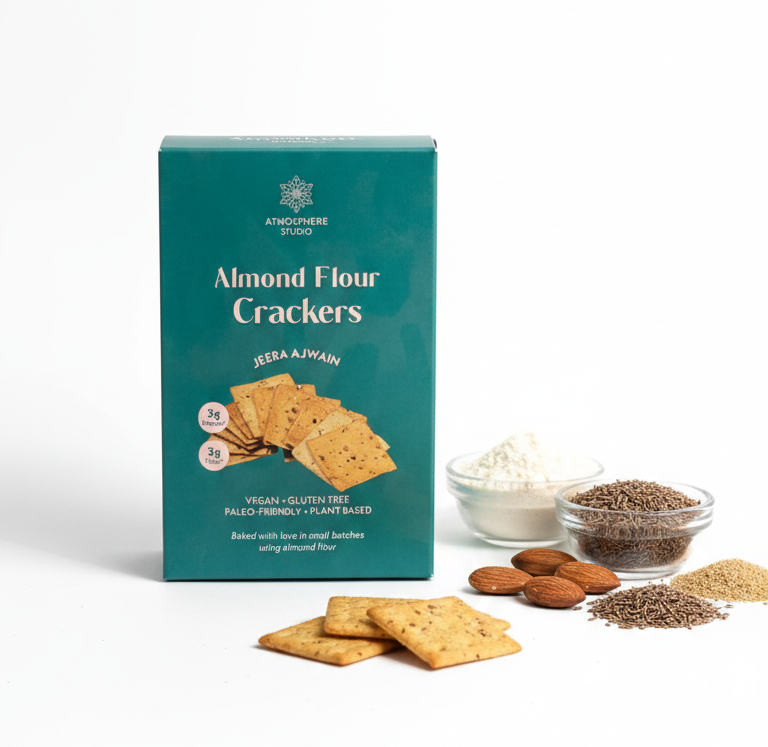 Crackers | Almond Flour Crackers (Jeera Ajwain) - Grain Free - Vegan, Gluten Free, Sugar Free & Dairy Free - Atmosphere - 120gm
