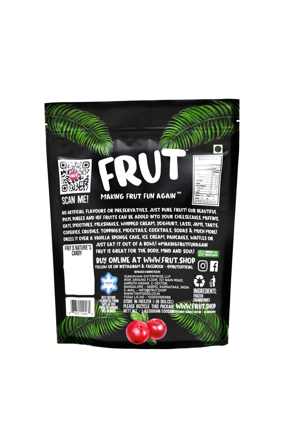 Cranberries | Frozen - Whole - No Added Sugar, Flavours & No Added Preservatives - Frut - 1000gm