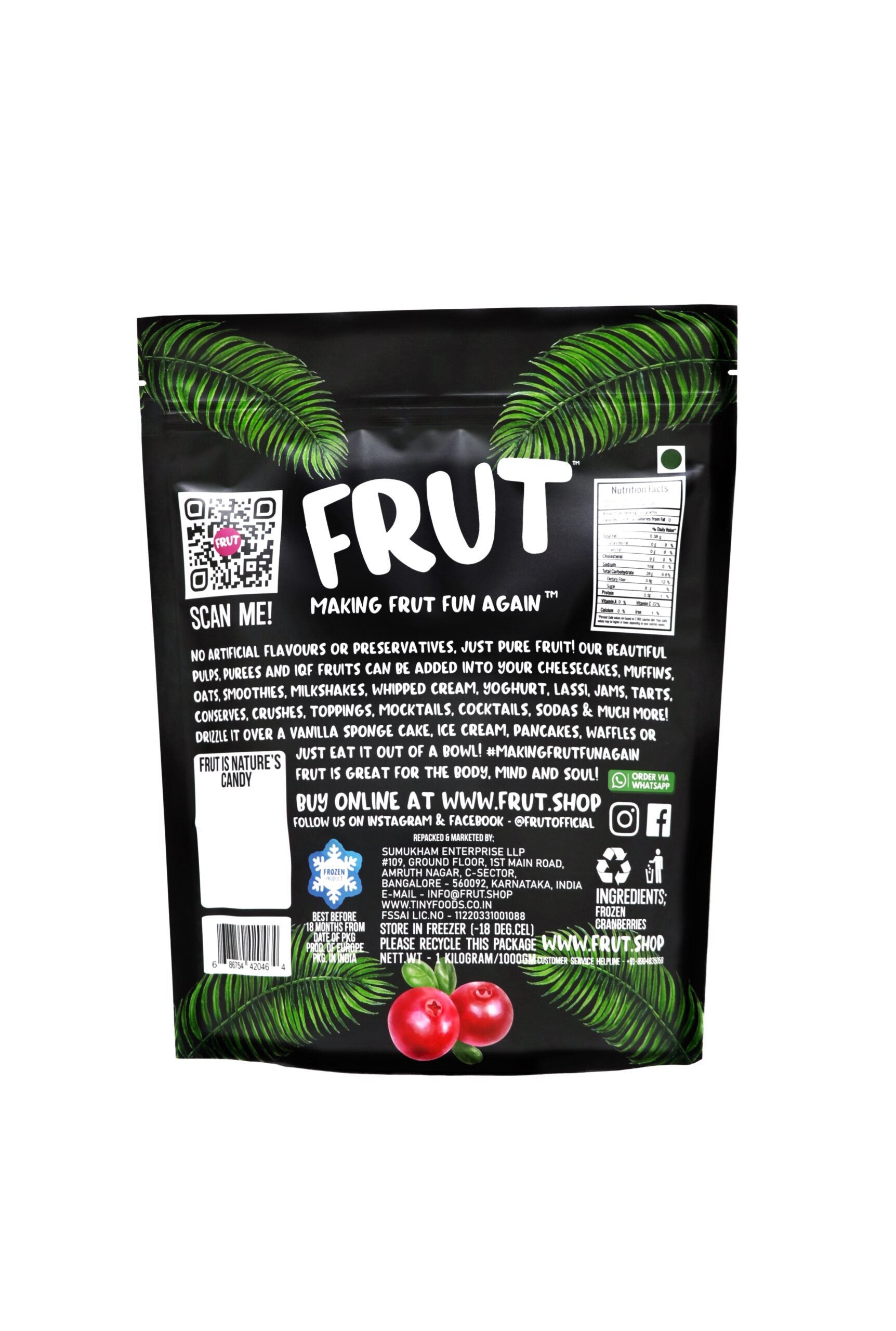 Cranberries | Frozen - Whole - No Added Sugar, Flavours & No Added Preservatives - Frut - 1000gm