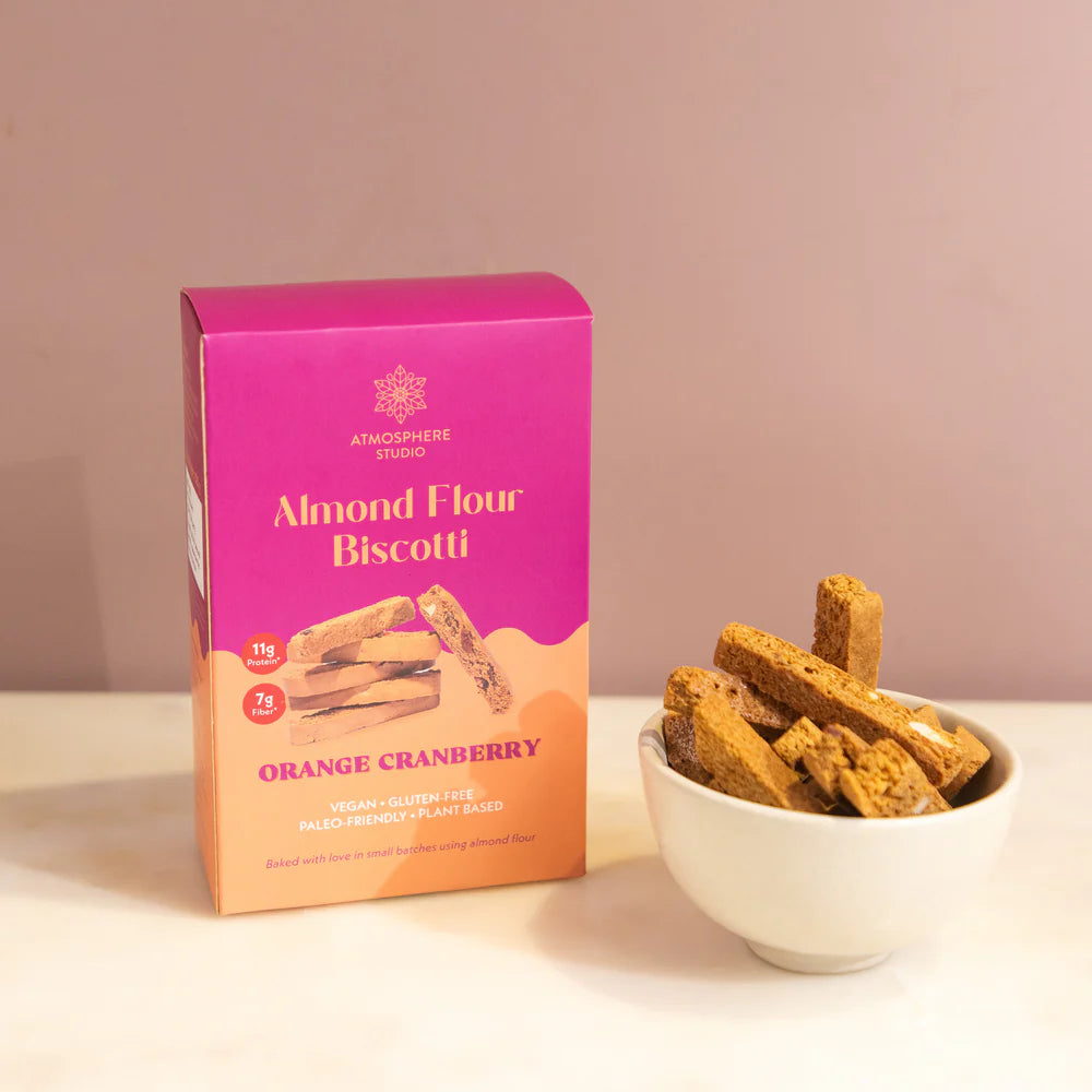 Biscotti | Almond Flour Biscotti (Orange Cranberry) - Baked With Using Almond Flour - 11g Protein - Plant Based - Vegan, Gluten Free, Dairy Free, No Added Sugar & Paleo Friendly - Atmosphere - 120gm