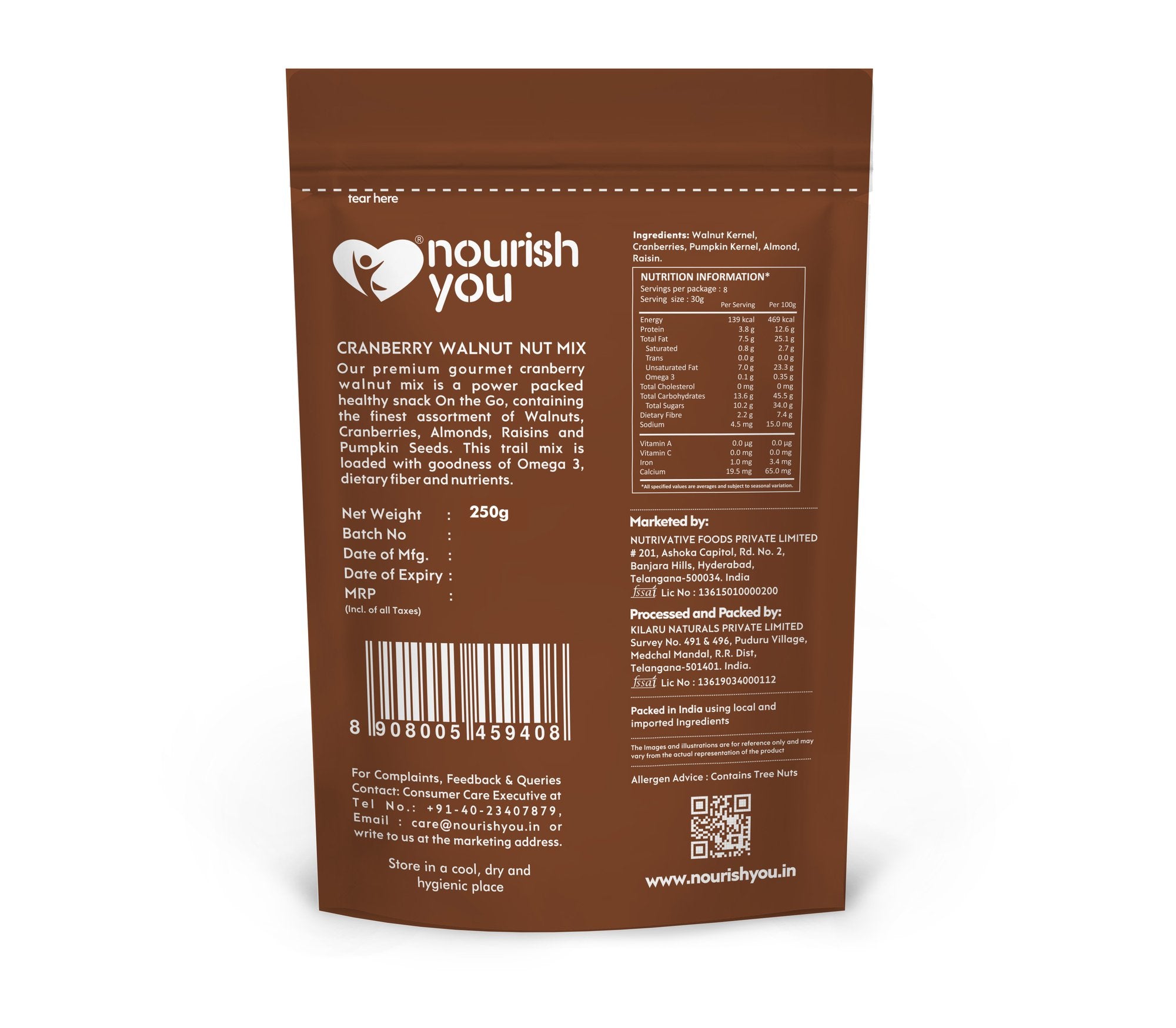 Cranberry Walnut Nut Mix – Vegan, Gluten Free, Good Source Of Protein, Omega – 3 Ala Iron, Dietary Fibre & Cholesterol Free - Nourish You – 250gm